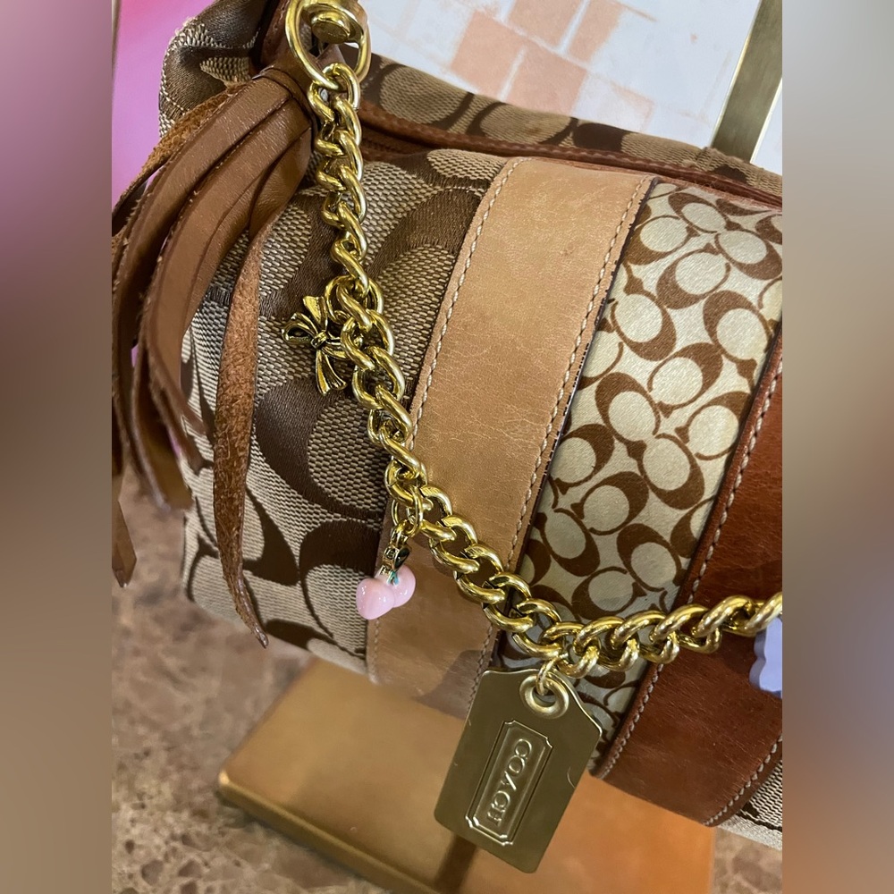 COACH Vintage Signature C Brown Mini Bag W/Tassel Upcycled Junk Gypsea Bag Chain - Picture 7 of 17